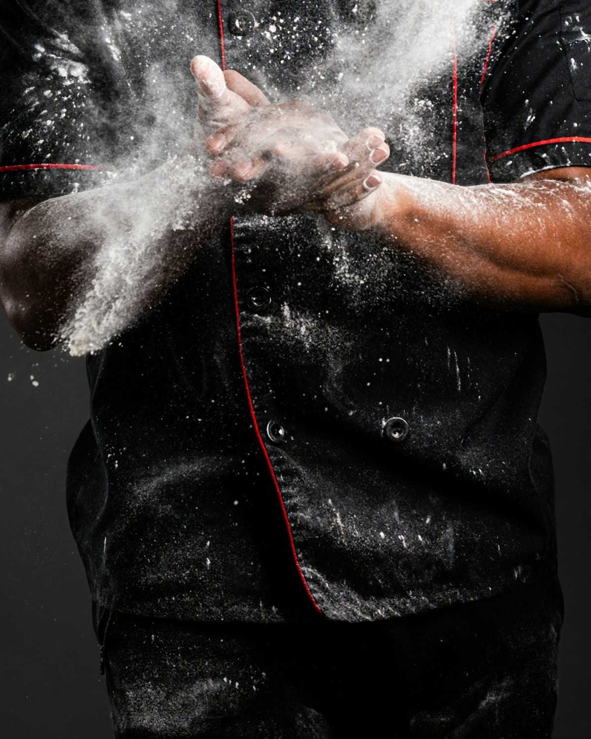 A chef in a dark jacket clapping a cloud of flour from their hands